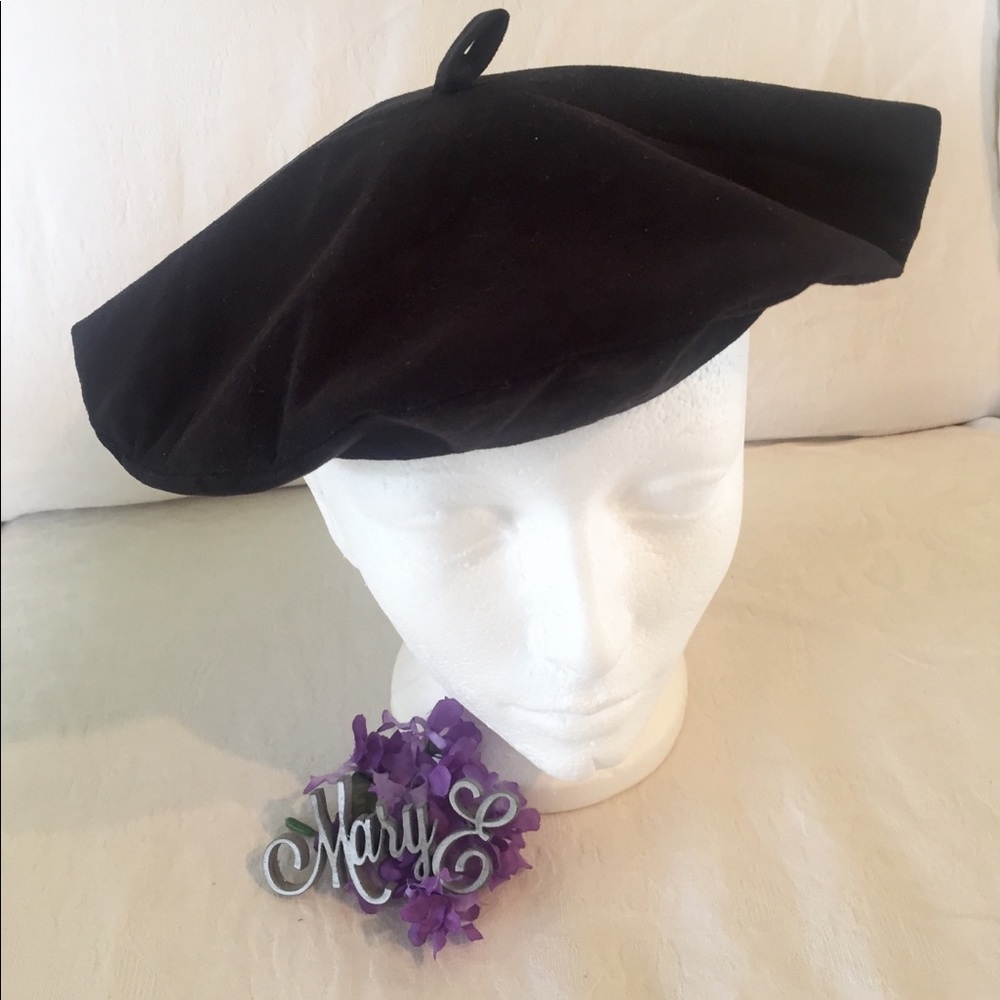 Black suede leather beret handcrafted